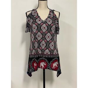 NWT Lida Collection Cold Shoulder V-Neck Blouse Black, White & Red Size S/M
